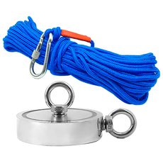Kit Pesca Magnética com Fixador 136 mm 2 Olhais Força Aproximada 850kg e Corda 20m Azul